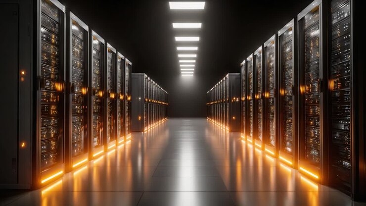 A High-Tech Data Center Showcasing Rows of Server Racks Illuminated with Orange Lights, Symbolizing Connectivity and Modern Computing Infrastructure
