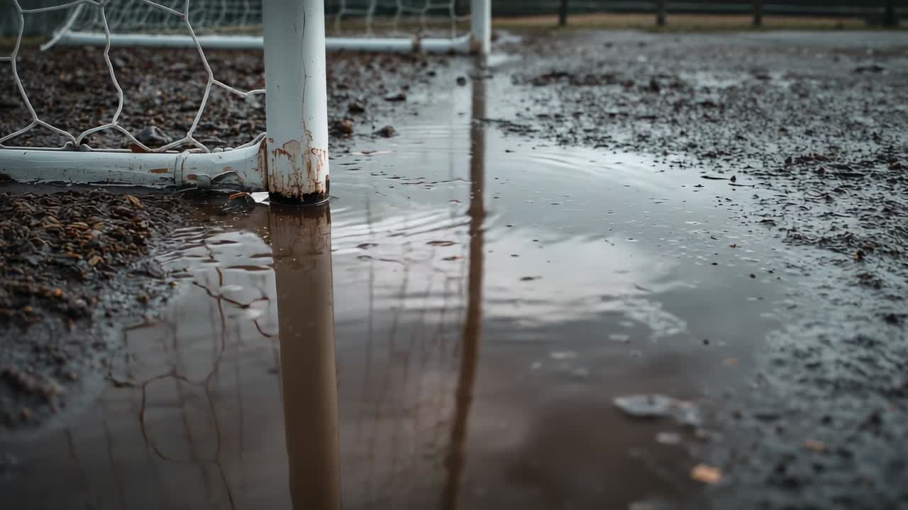 White metal goalpost leg standing in muddy sports pitch, raindrop hitting puddle, ripples spreading