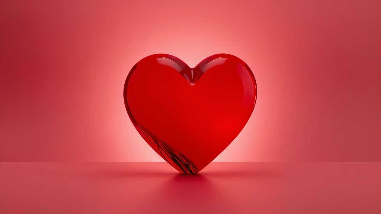 Cuore rosso lucido rotante che reagisce alla riproduzione su sfondo rosso, rivelando riflessi circolari ad alone