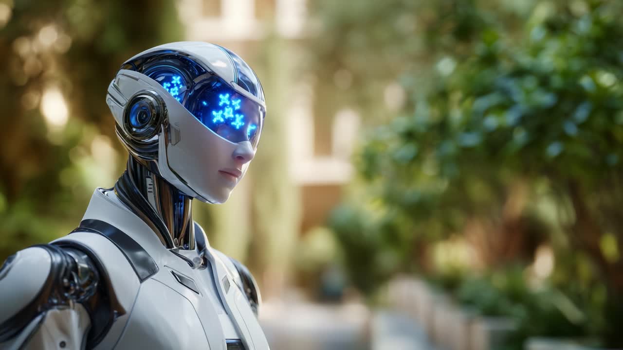 Android futuristico in un ambiente lussureggiante: uno sguardo alla robotica avanzata e all'intelligenza artificiale con dettagli vivaci e uno sfondo ispirato alla natura