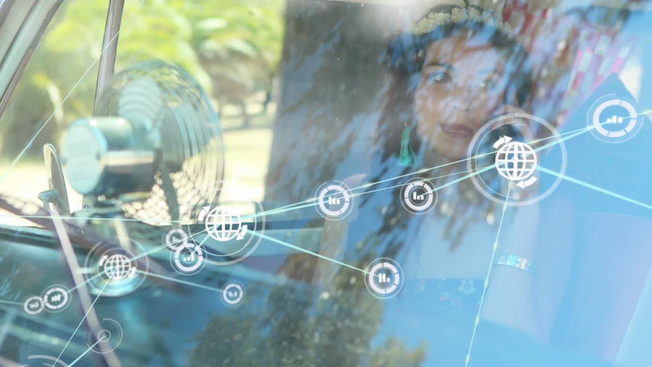 백인 여성이 밴에 앉아있는 동안 스마트폰으로 이야기하는 연결된 점의 애니메이션