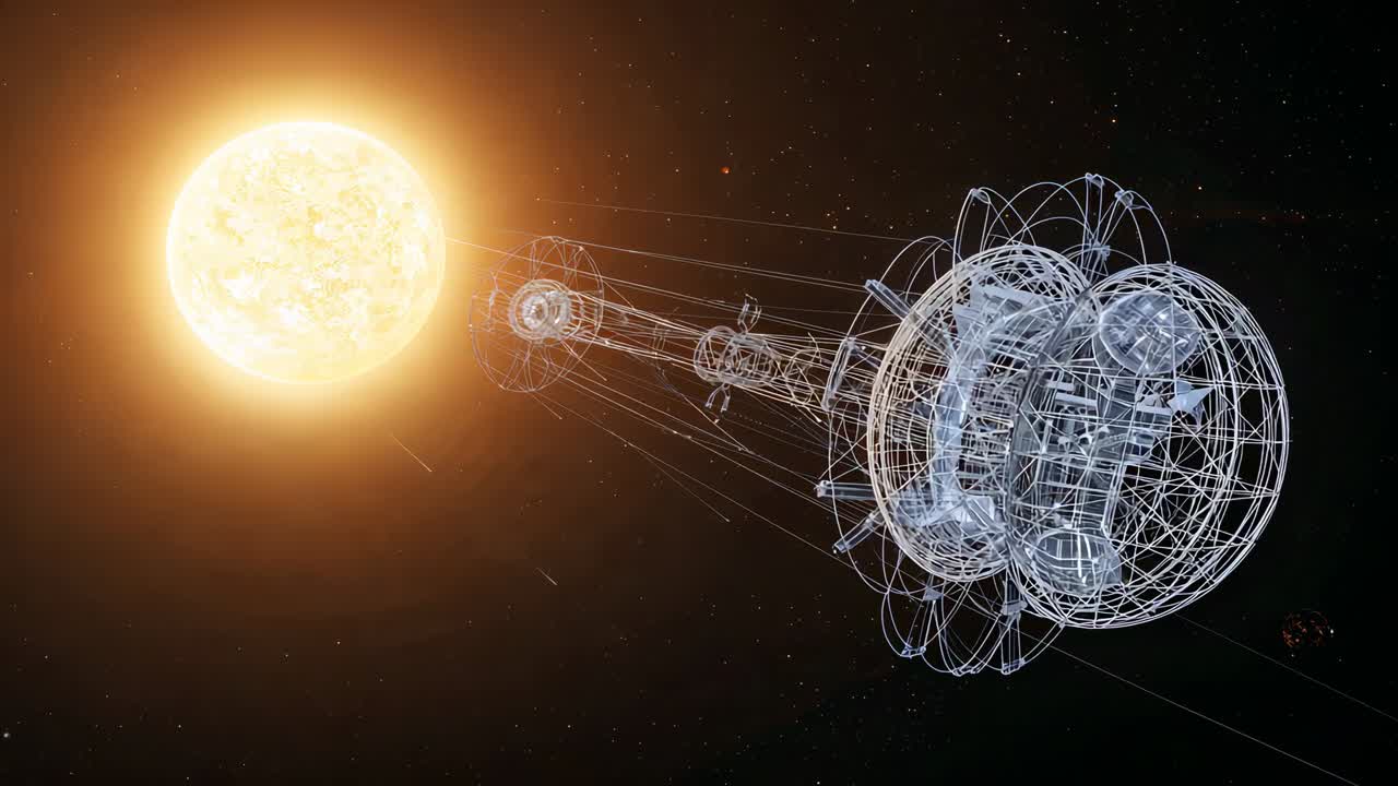 Rotating wireframe sphere craft moving toward star in space, revealing rings, modules and tethers