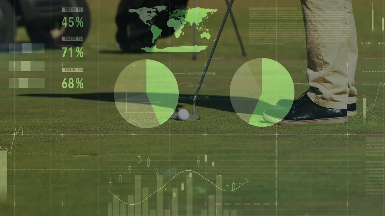 Golf performance data being visualized on putting green with pie charts, bar graphs, map overlays