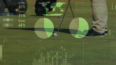 golf performance data being visualized on putting green with pie charts, bar graphs, map overlays