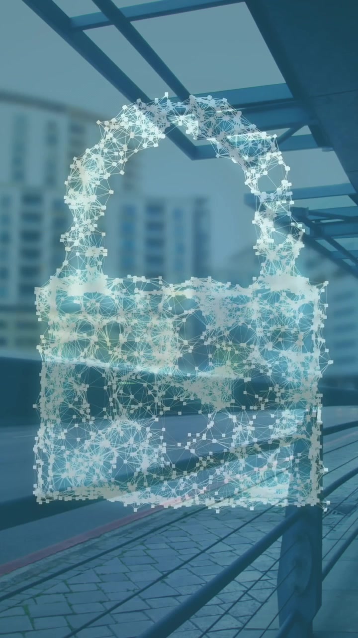 Animation of network of connections forming cloud and security padlock icon against city traffic