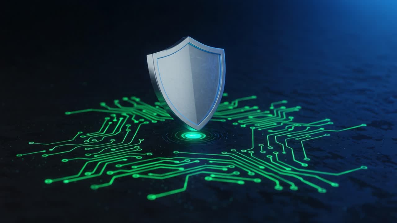Digital Shield Representing Cybersecurity with Circuit Patterns Radiating from a Central Point, Emphasizing Protection and Technology in the Modern World