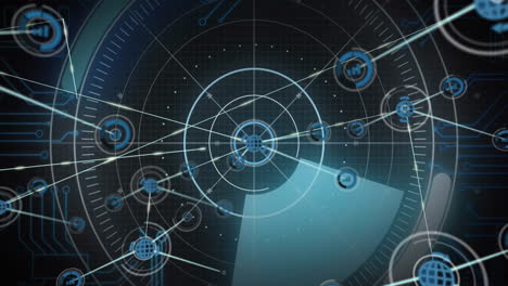 animation of network of connections with globe icons over scope scanning