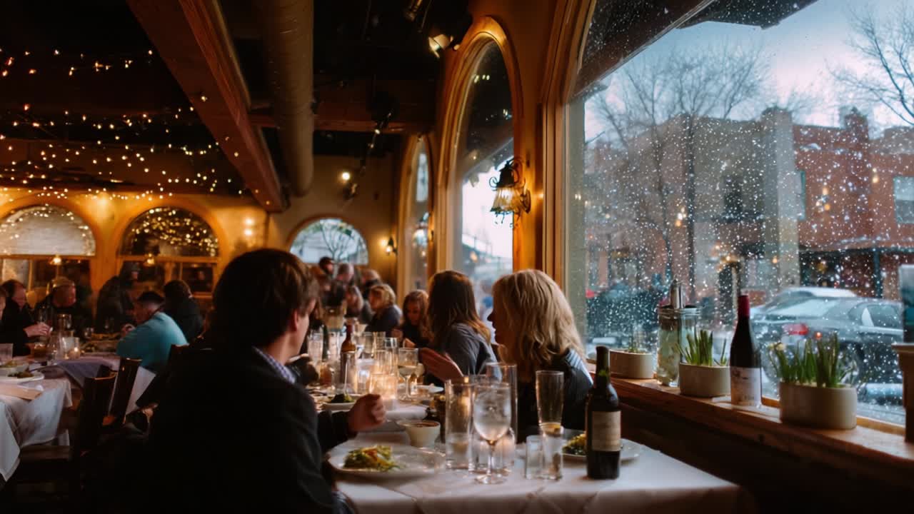 A Cozy Restaurant Scene Captured on a Snowy Evening with Patrons Enjoying Their Meals Under Warm Lights and Festive Decorations, Creating an Atmosphere of Comfort and Togetherness