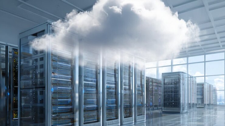 A High-Tech Data Center Environment with Server Racks and an Imaginary Cloud Clouding Overhead, Showcasing the Fusion of Physical and Digital Storage Solutions