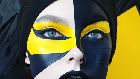 a woman with a black and yellow face paint on her face