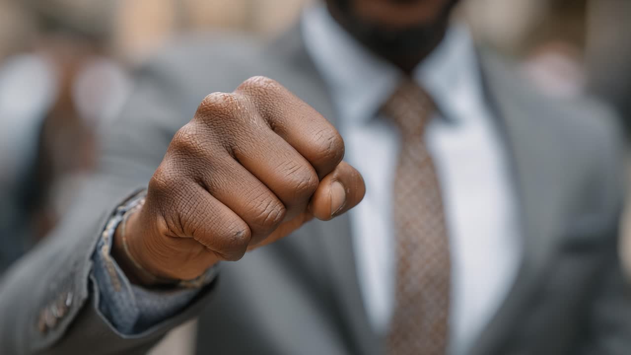 A Confident Businessman Demonstrating Determination with a Fist Bump While Dressed in a Tailored Suit in a Professional Setting