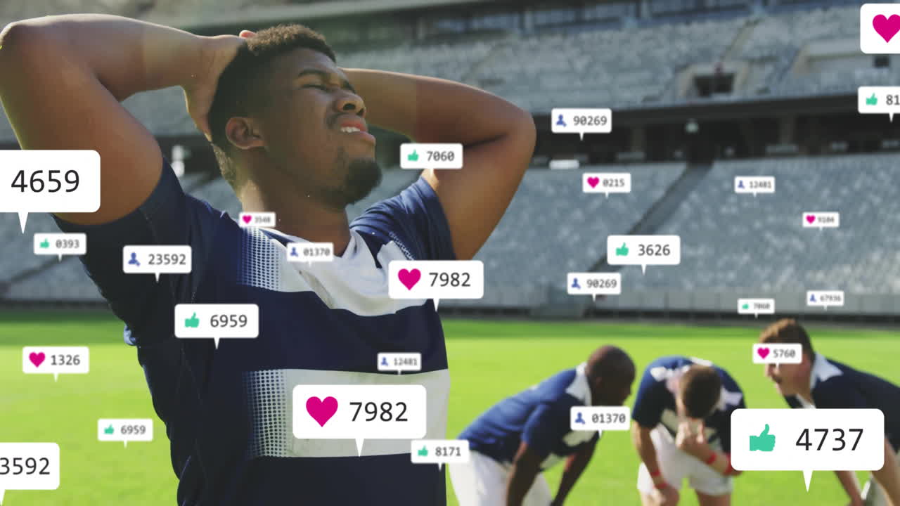 On field, soccer player frustrated with animation of social media likes overlay