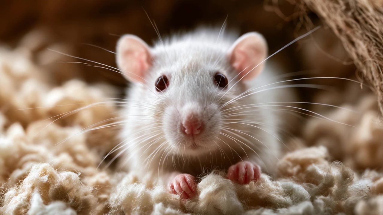 Un primo piano di un adorabile roditore bianco tra morbida biancheria da letto, che cattura la sua curiosità e il suo spirito giocoso in un ambiente accogliente.