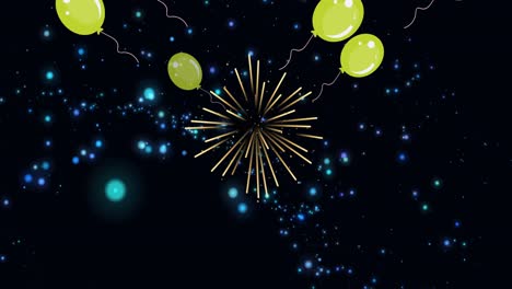 animación de globos y fuegos artificiales sobre fondo negro con puntos