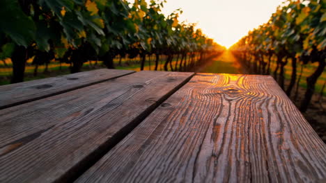 wooden picnic table in a vineyard at sunset