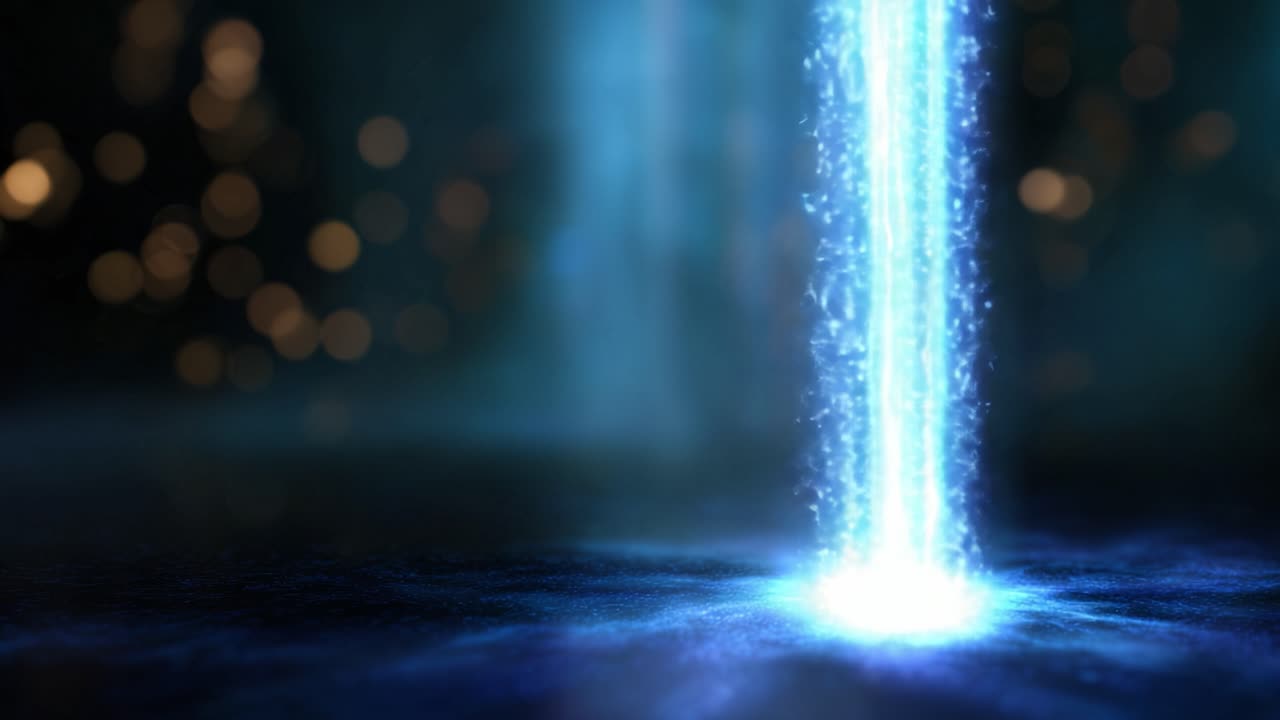 A mesmerizing cascade of glowing blue particles descends from above, creating a visual spectacle of light and water, surrounded by a dreamy, dark atmosphere