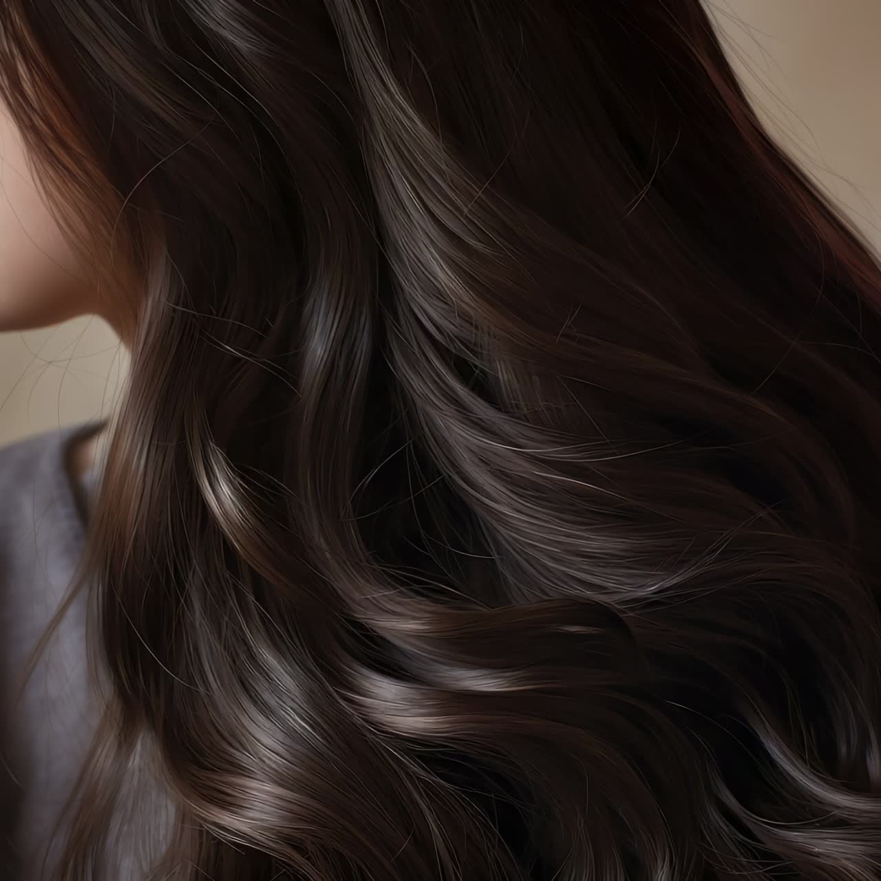 Close-up video shot of silky, flowing dark hair cascading in soft waves, capturing the texture
