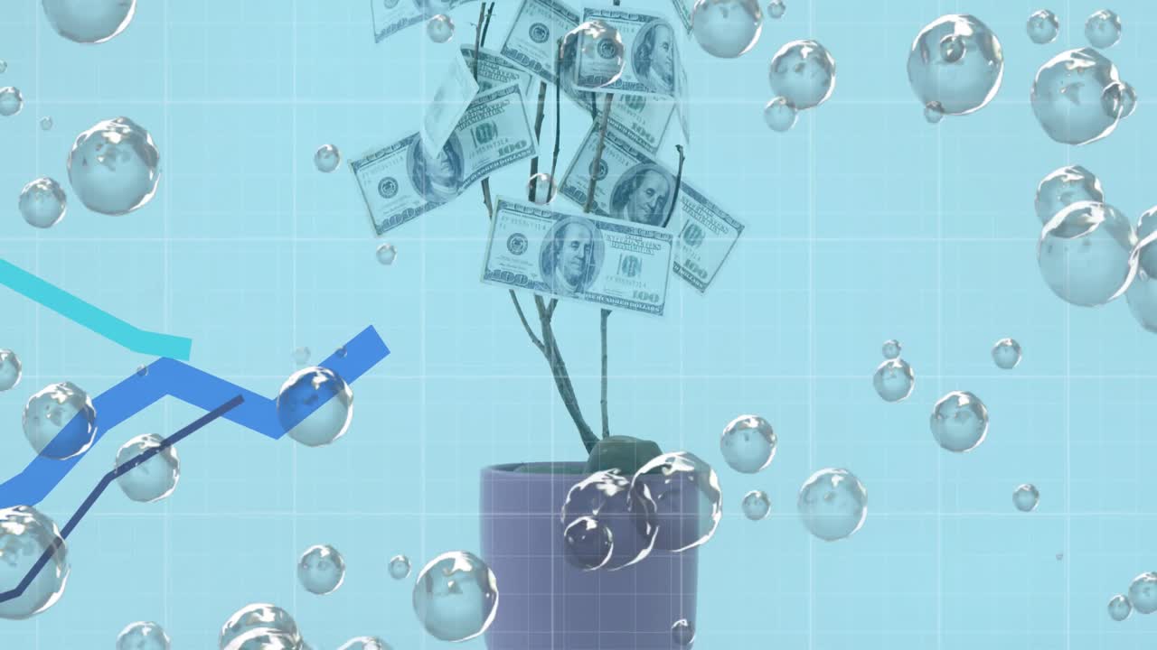 미국 달러 나무 위로 이동하는 그래프에 대해 떠다니는 여러 거품