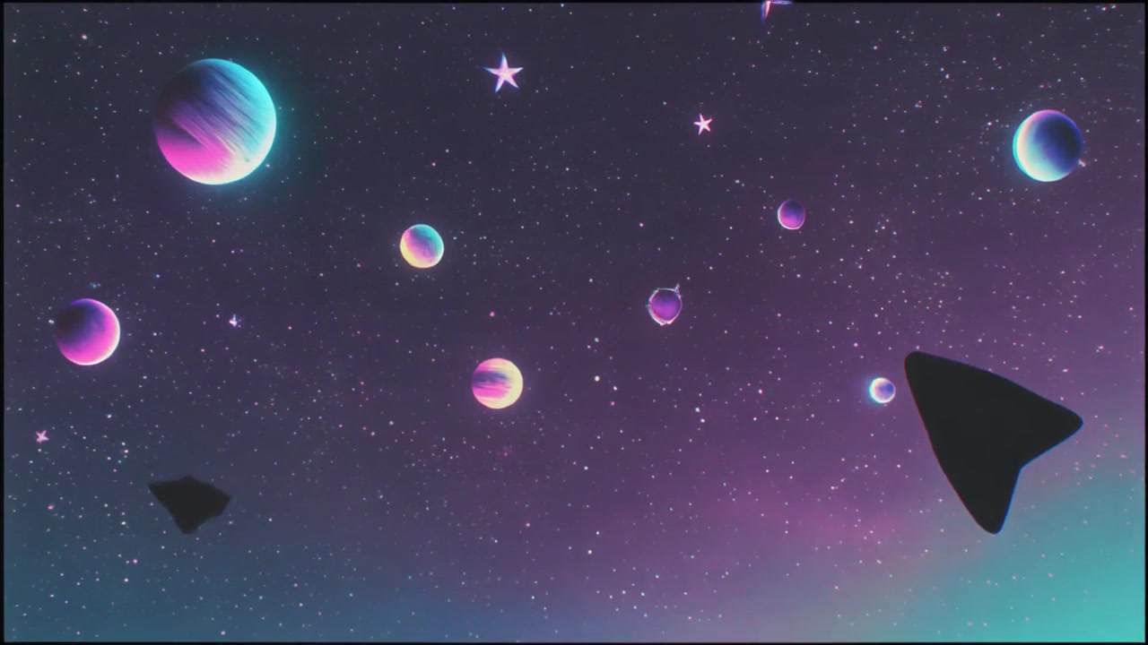 Animated Space Scene with Floating Planets and Digital Glitch Effects