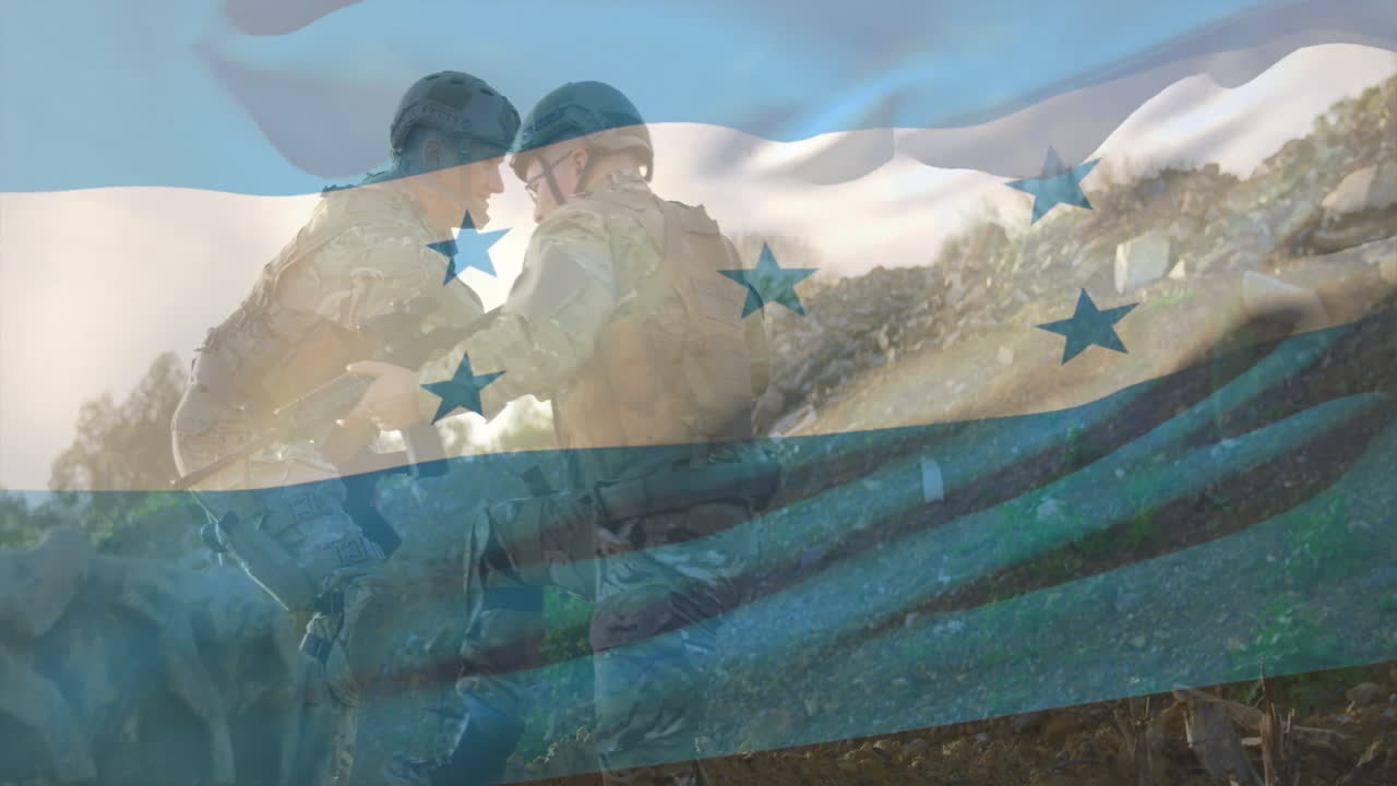 Animation of soldiers in action with waving Honduras flag in outdoor setting