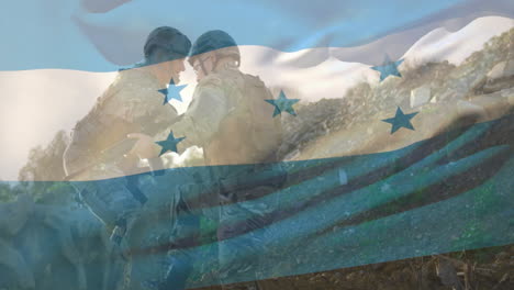 animation of soldiers in action with waving honduras flag in outdoor setting