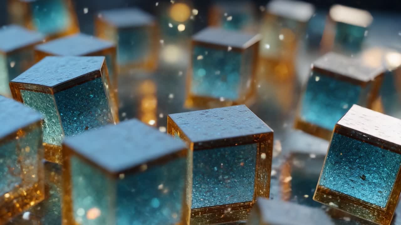 A mesmerizing display of floating geometric shapes crafted from translucent materials, radiating light and color through their shimmering surfaces, creating a captivating visual experience