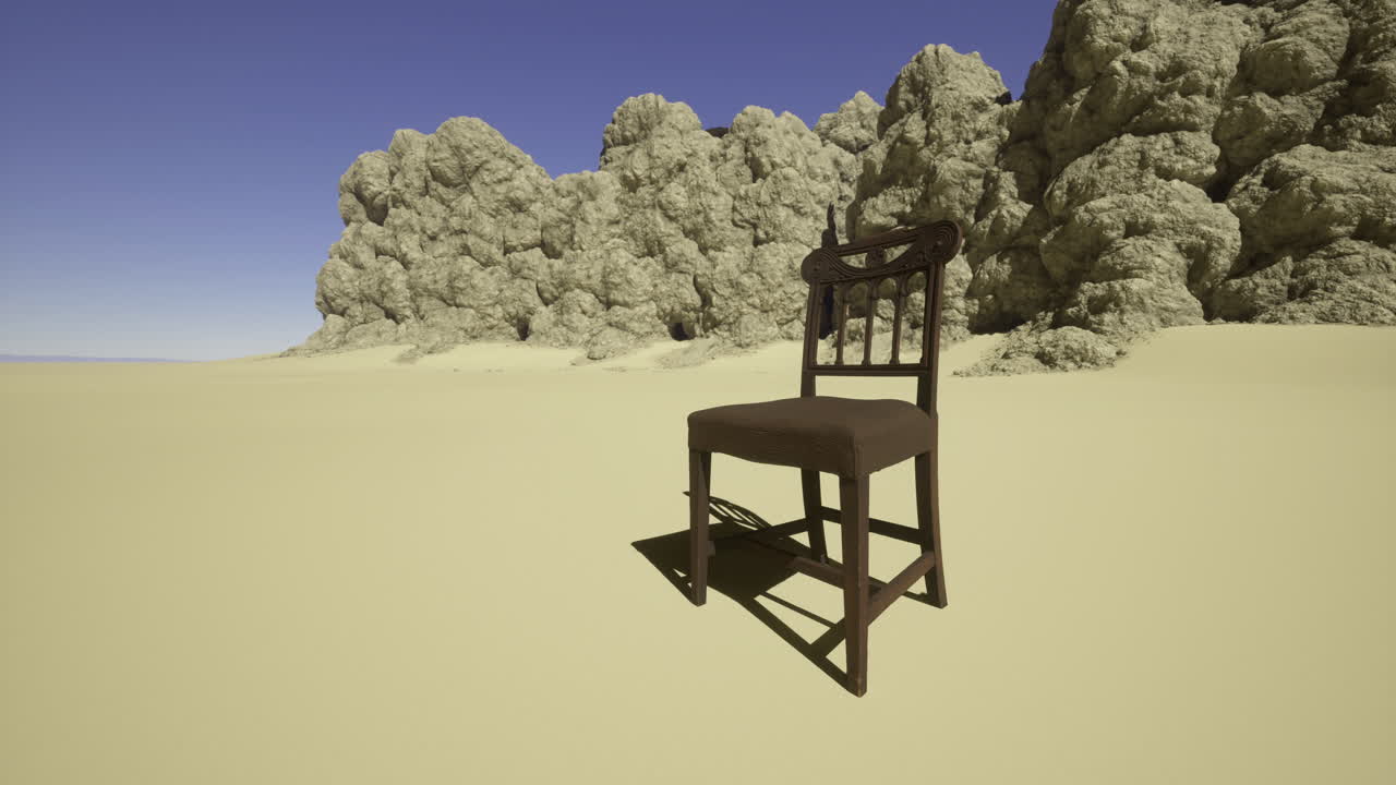Lonely wooden chair placed in a vast desert landscape under clear sky
