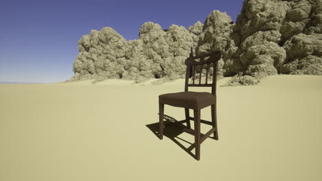 lonely wooden chair placed in a vast desert landscape under clear sky