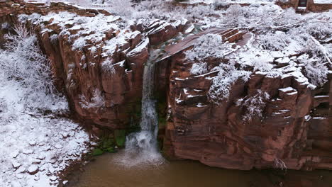 Drone-shot-of-snowy-waterfall-in-the-southwest-of-the-united-states