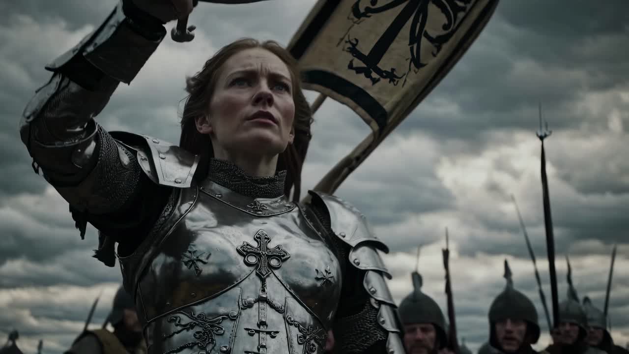 Dramatic low-angle shot of a knight in armor holding a sword, set against a cloudy sky