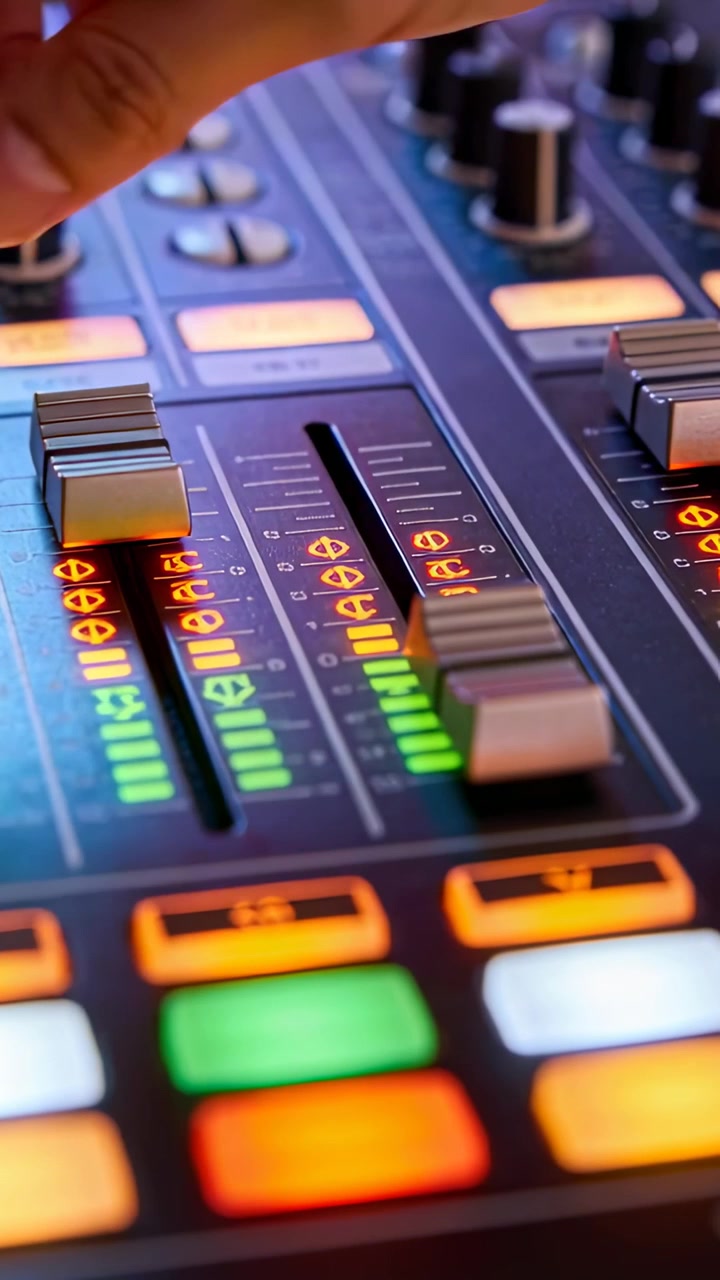 Vertical video: Reaching tech hand sliding motorized fader over LED meters in booth, balancing mix