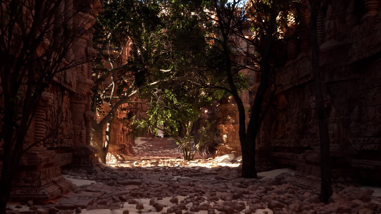 Gamle ruiner i en frodig jungle