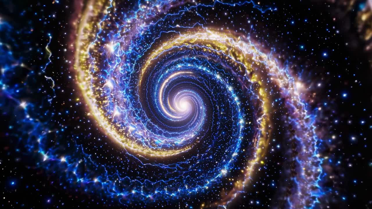 A mesmerizing spiral galaxy viewed from a top-down angle, with vibrant blues and golds swirling
