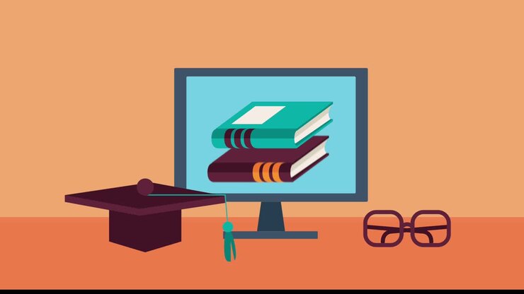 учебники, принадлежности на рабочем столе с выпускной шляпой, анимация электронного обучения