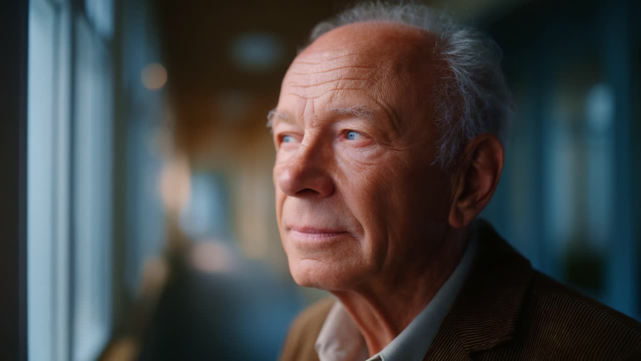 Un uomo anziano e pensieroso guarda fuori dalla finestra, rivelando un momento di introspezione e riflessione sulla vita e sul passare del tempo in un ambiente sereno