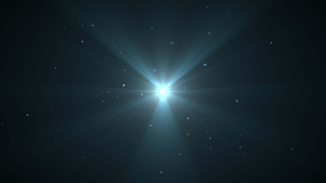 Star flash and fly blue small particles on shiny background