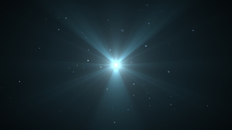 bintang berkedip dan terbang partikel-partikel kecil biru pada latar belakang berkilau