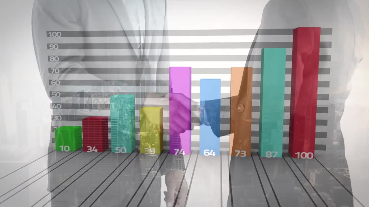 비즈니스맨과 비즈니스맨이 손을 흔드는 중간 섹션에 대한 통계 데이터 처리