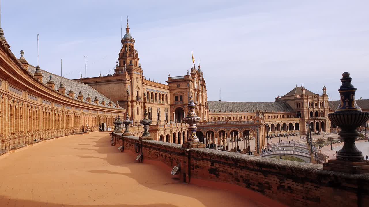 Warm orange bulding of Plaza de Espana, wide angle view