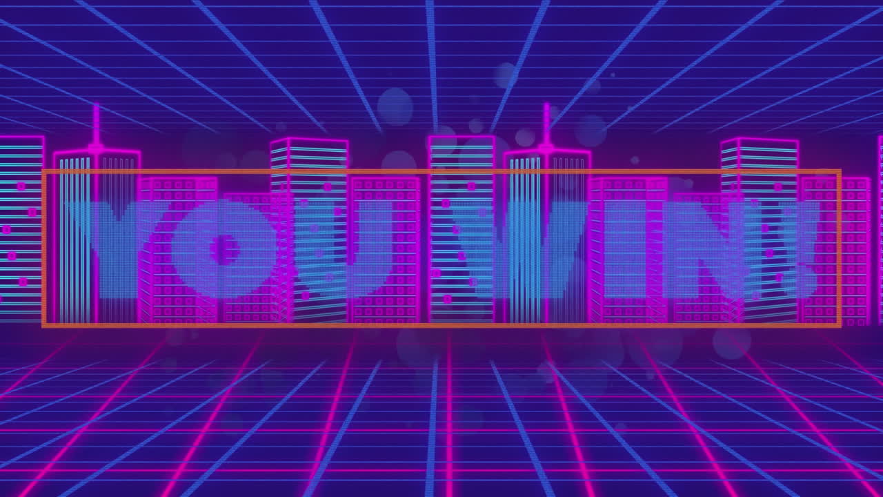 animación de usted ganar texto sobre el paisaje urbano y fondo de cuadrícula de neón