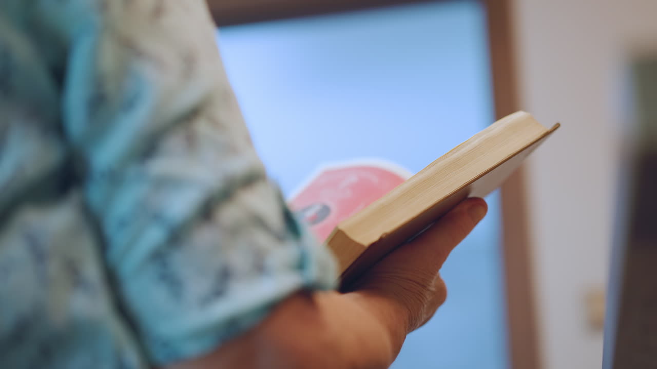 Donna anziana con un libro vicino alla luce del sole. Nonna anziana che si rilassa con un libro in una calda atmosfera soleggiata. Nonna anziana che legge con calma accanto a una finestra soleggiata in una stanza accogliente piena di fascino nostalgico.