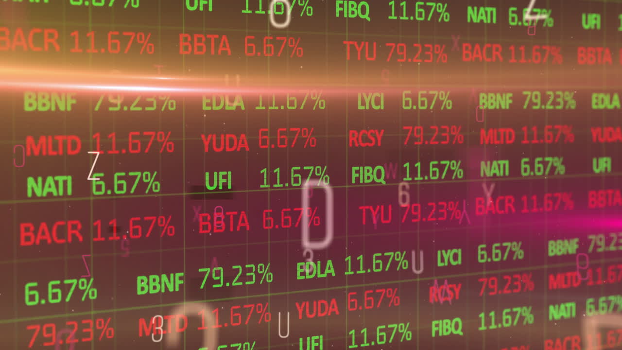 Animazione di lettere e elaborazione dati finanziari su sfondo nero
