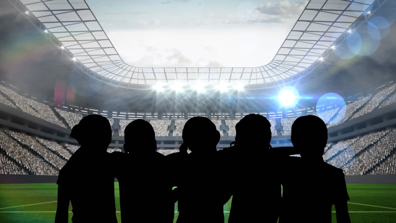 스포츠 경기장 위에 스포트라이트와 함께 스포츠 여성 팀의 실루 ⁇ 의 애니메이션