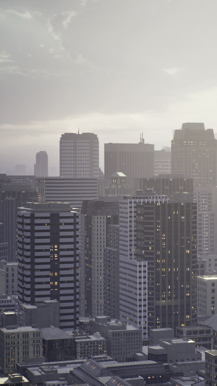 City skyline view during cloudy day with tall buildings and distant structures