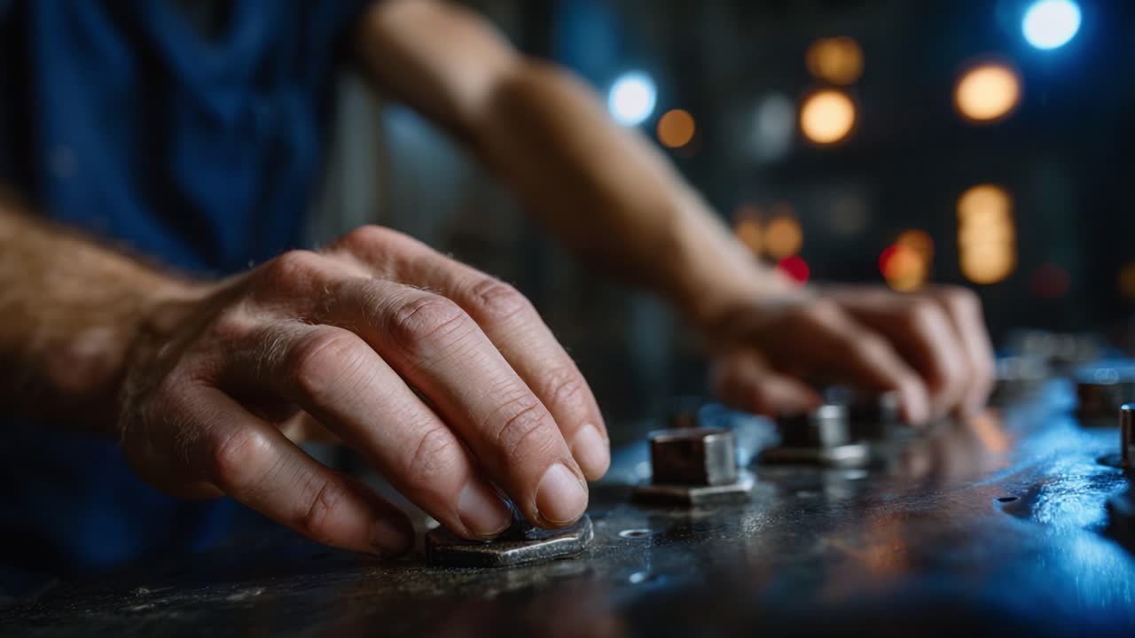 Focused Hands Adjusting Mechanical Components in an Industrial Setting, Showcasing Precision and Craftsmanship in a Dimly Lit Environment
