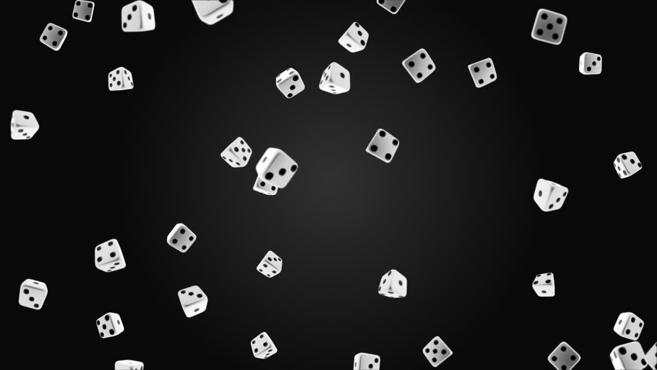 Falling flying out white cubes on a black loop background rotate and bounce rolling dices casino 3d