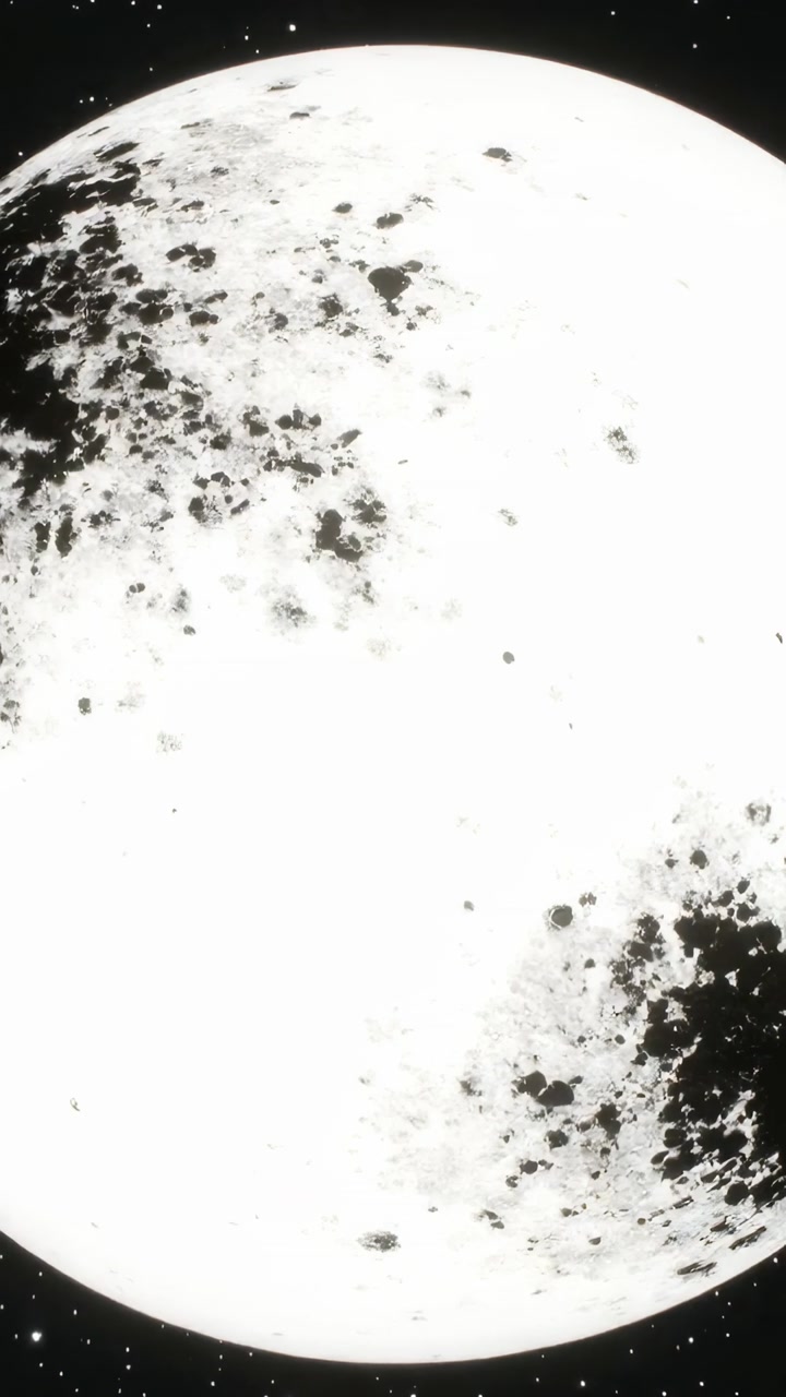 Vertical video: Framing cratered moon filling frame in space, showing dark maria and stars