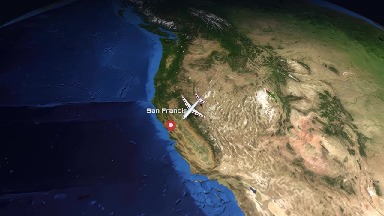 Satellite view animation follows an airplane flying from Paris across the Atlantic to San Francisco