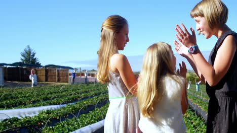 Girls-standing-together-in-the-strawberry-farm-4k