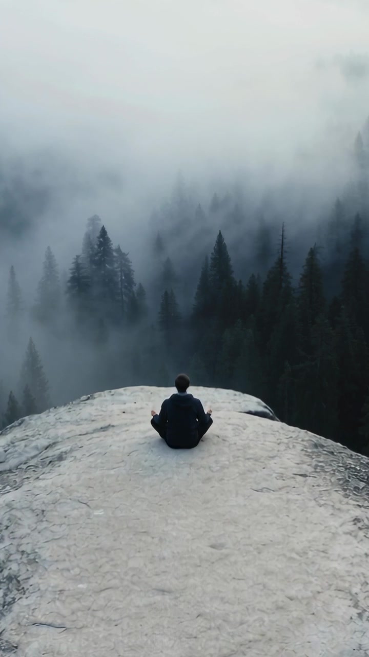 Vertical video: Sitting man in dark jacket meditating on cliff ledge, fog rolling in over pines